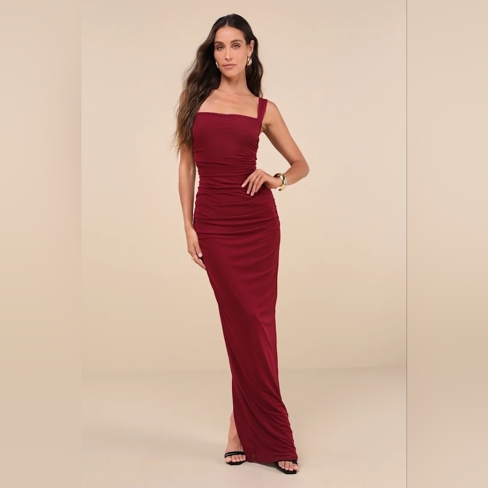 Lulus Amazing Presence Burgundy Mesh Ruched Column Maxi Dress S Wedding Party - Picture 2 of 10